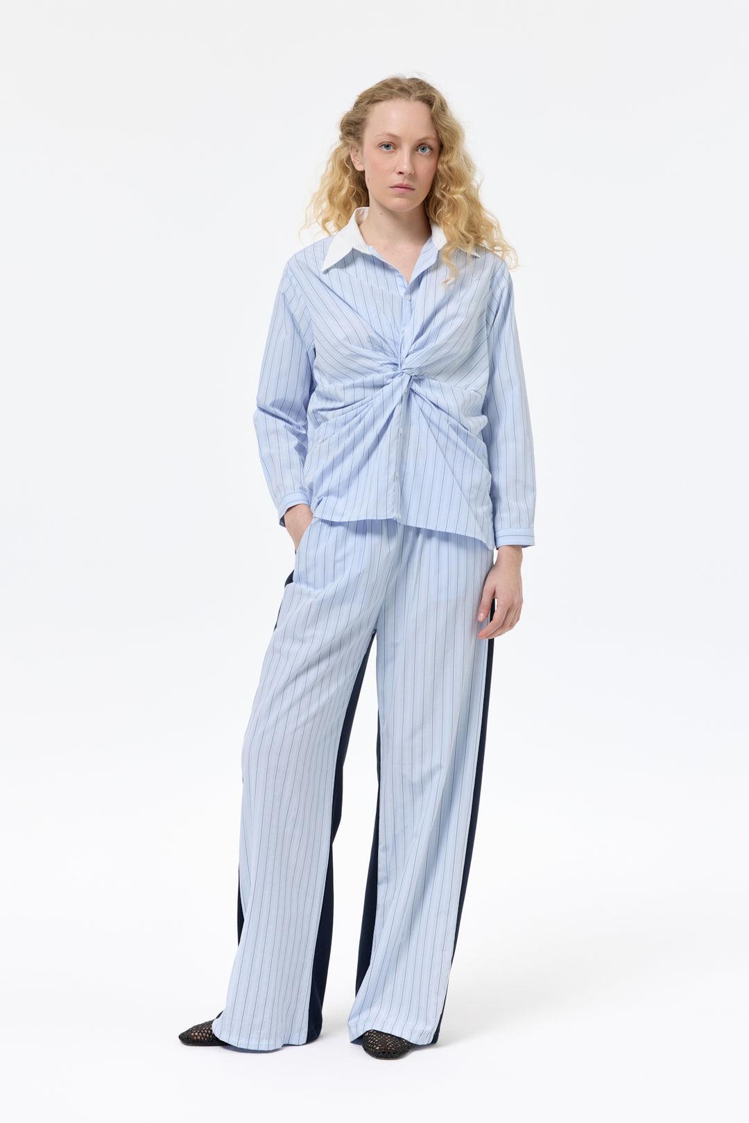 Kumaş Matchli Çizgili Beli Lastikli Pantolon Lacivert