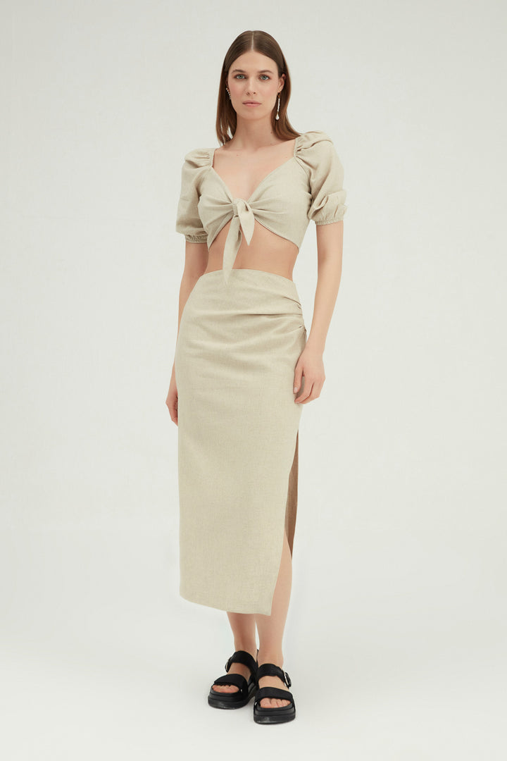 Tie Front Crop Linen Blouse Natural