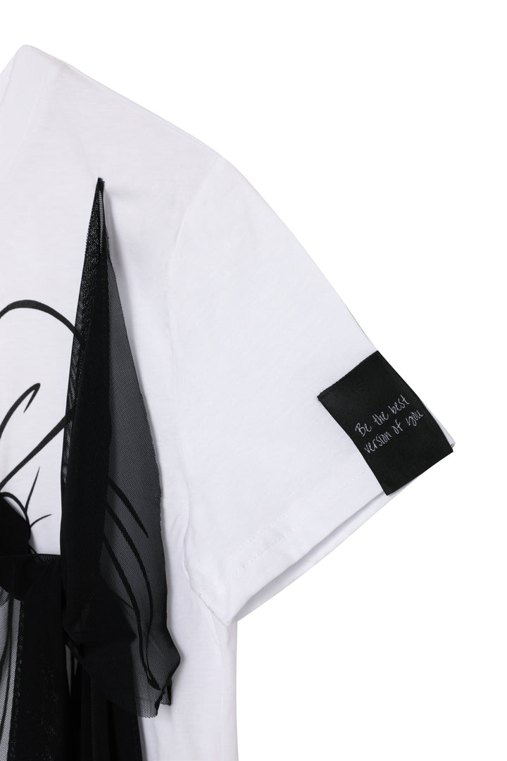 Tül Bağlamalı Baskılı Tişört Beyaz