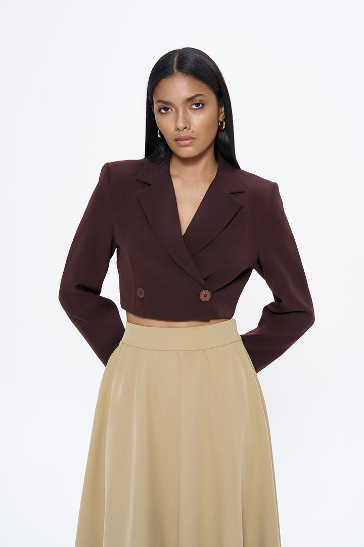 Double Breasted Crop Blazer Jacket Brown