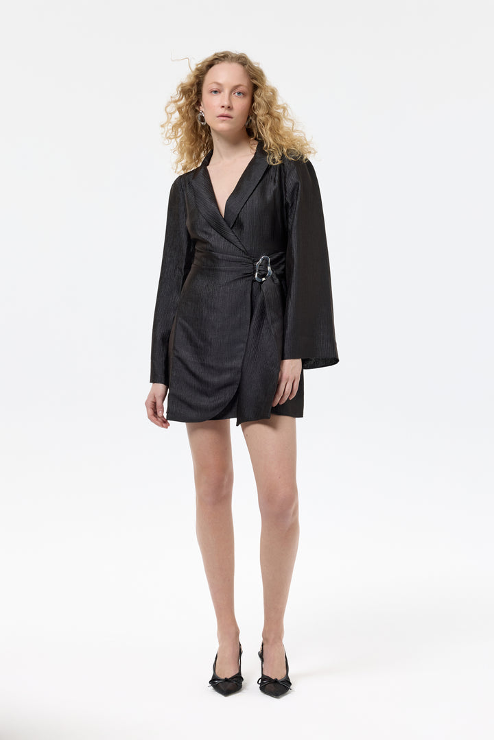 Kruvaze Bağlamalı Dokulu Mini Elbise Siyah