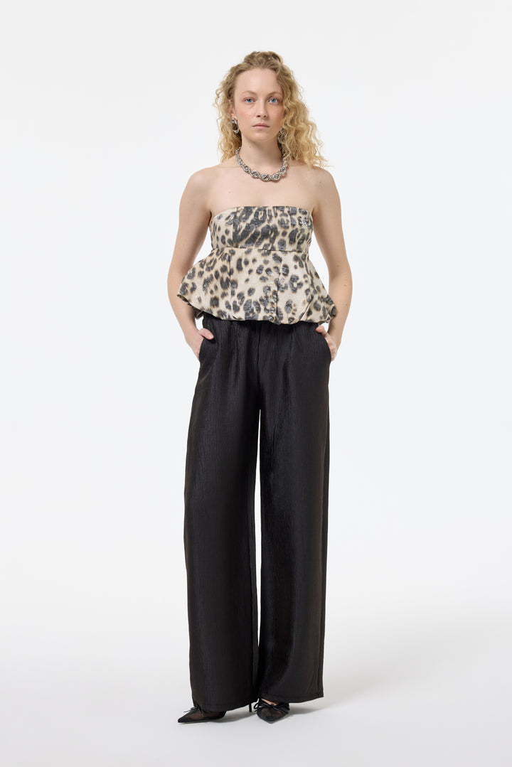 Leopar Desenli Straplez Volanlı Bluz Taş