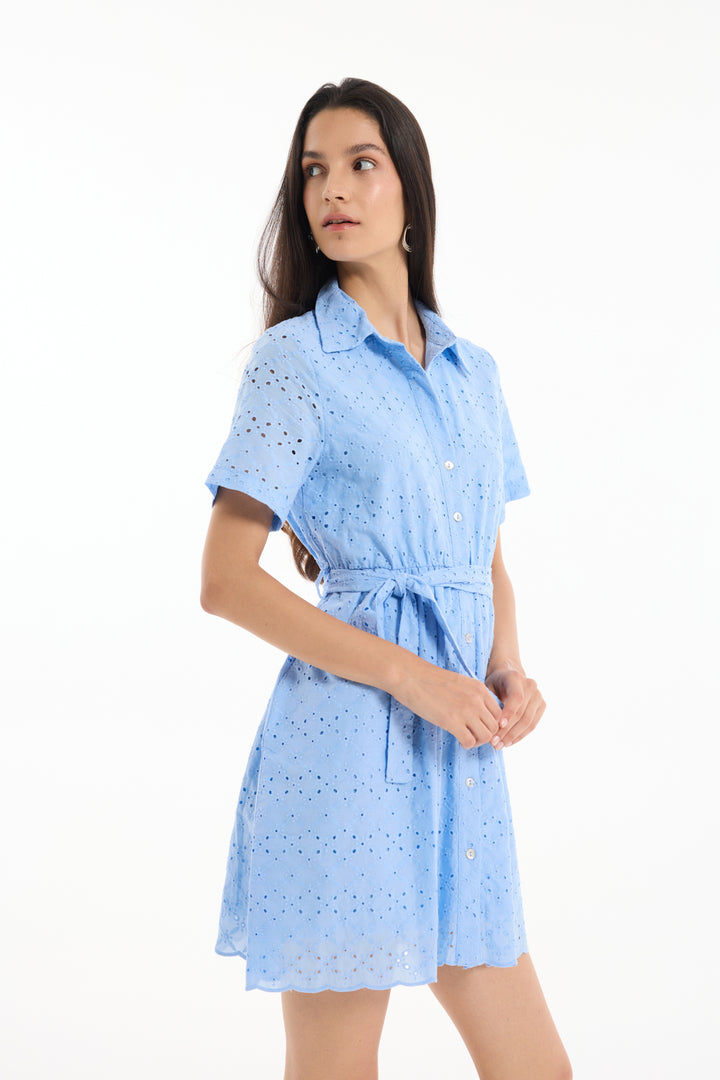 Fisto Detaylı Bağlamalı Mini Elbise Mavi