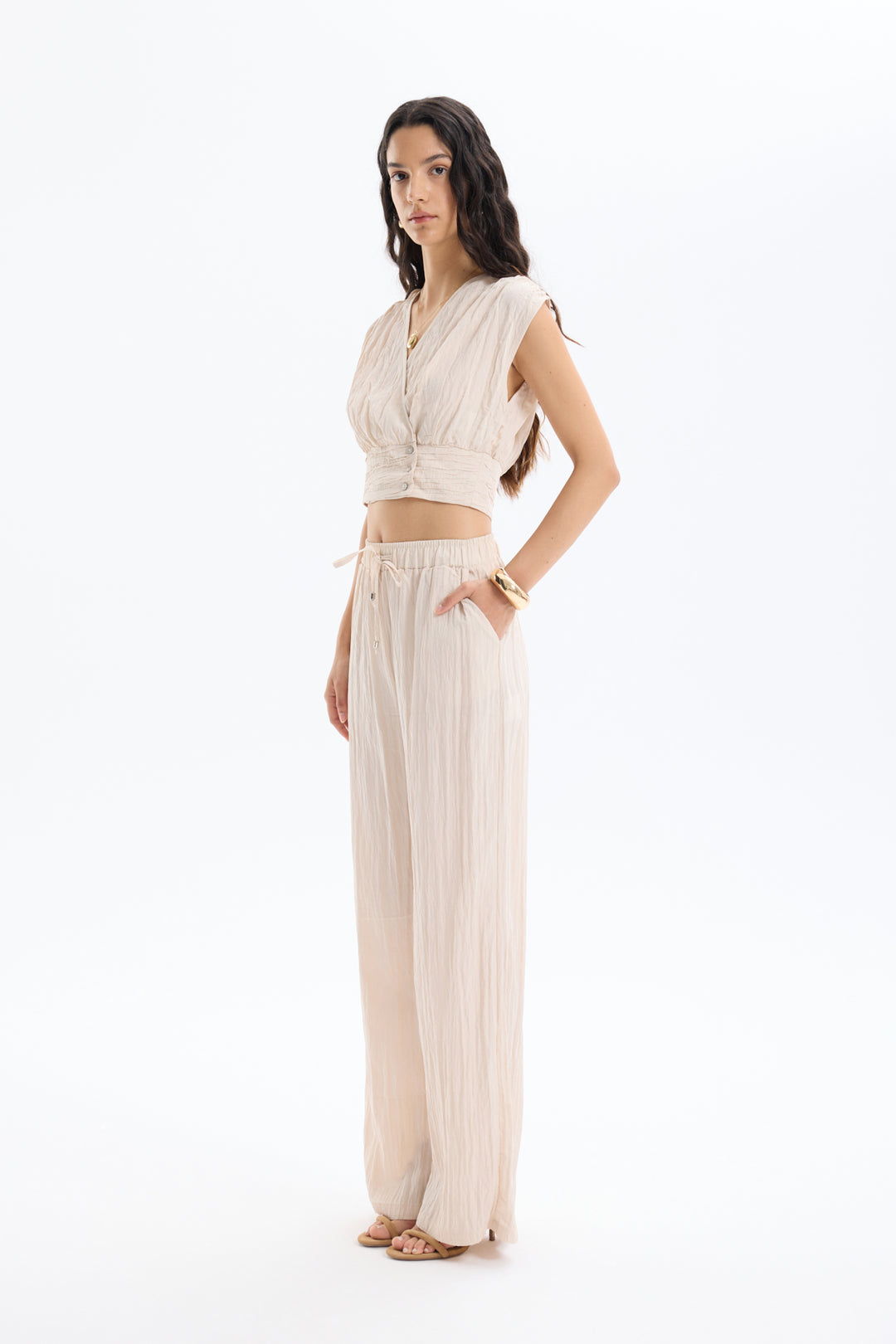 Kırışık Görünümlü Beli Lastikli Pantolon Bej