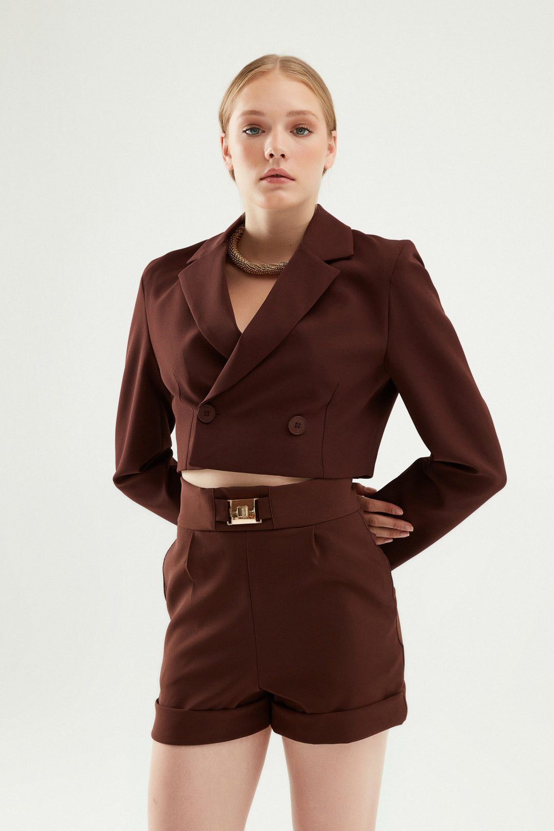 Double Breasted Crop Blazer Jacket Dark Brown