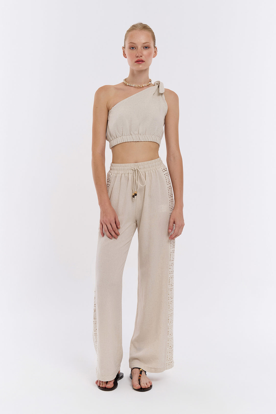 Tek Omuz Crop Keten Bluz Naturel