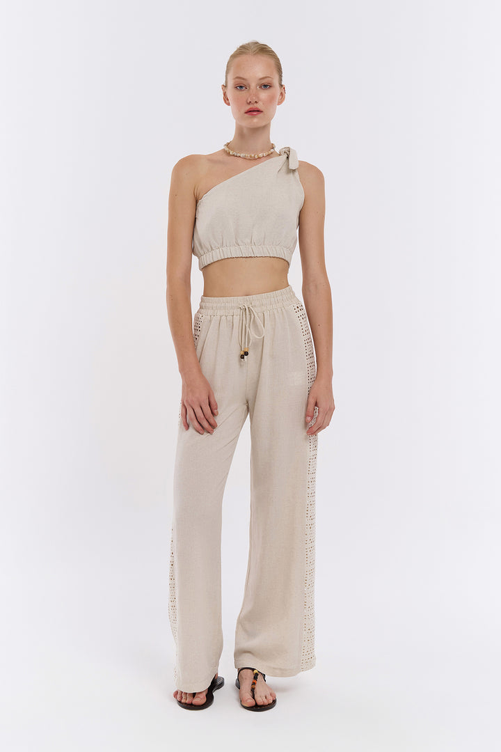 Tek Omuz Crop Keten Bluz Naturel