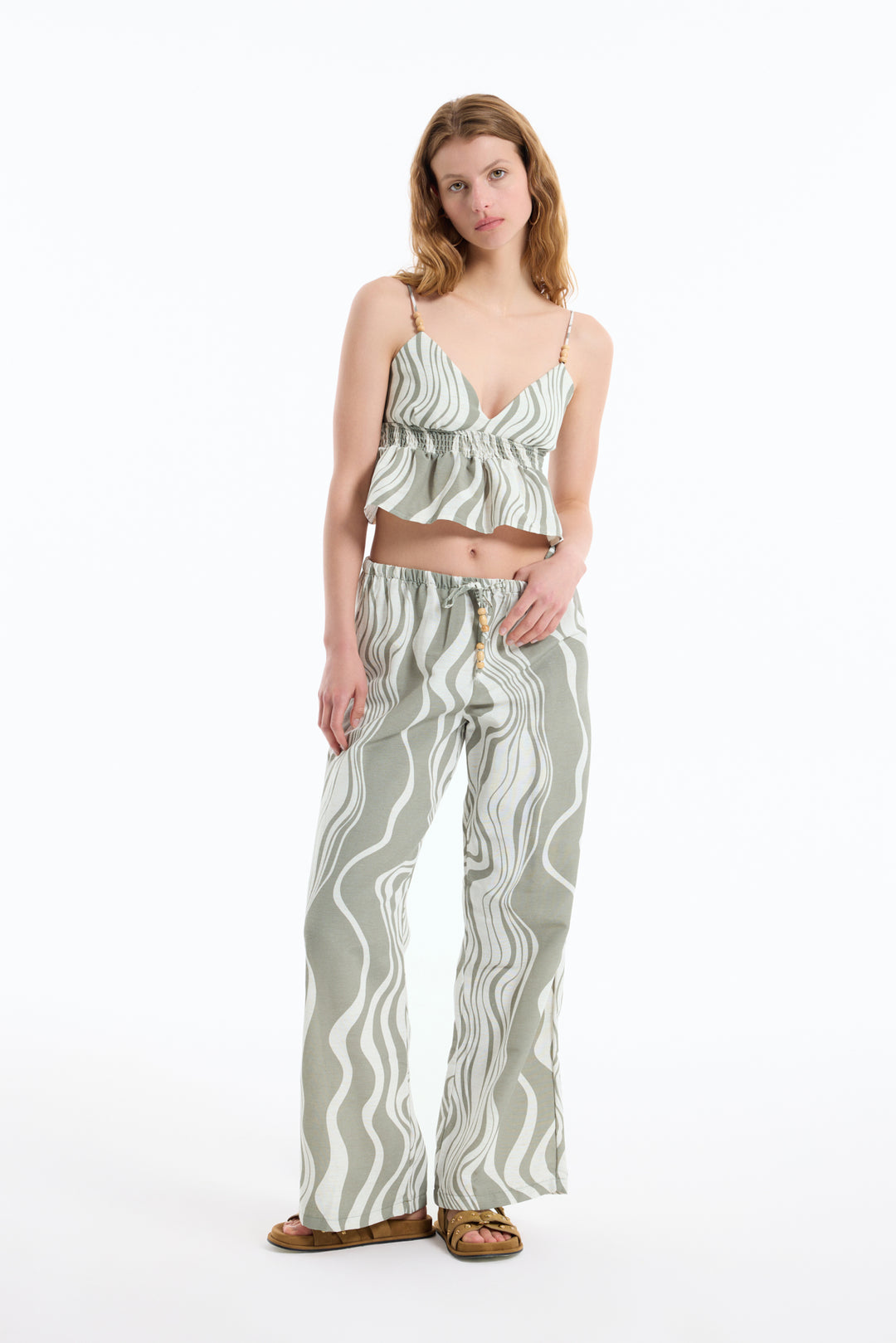 Dalga Desenli Beli Lastikli Bol Pantolon Haki