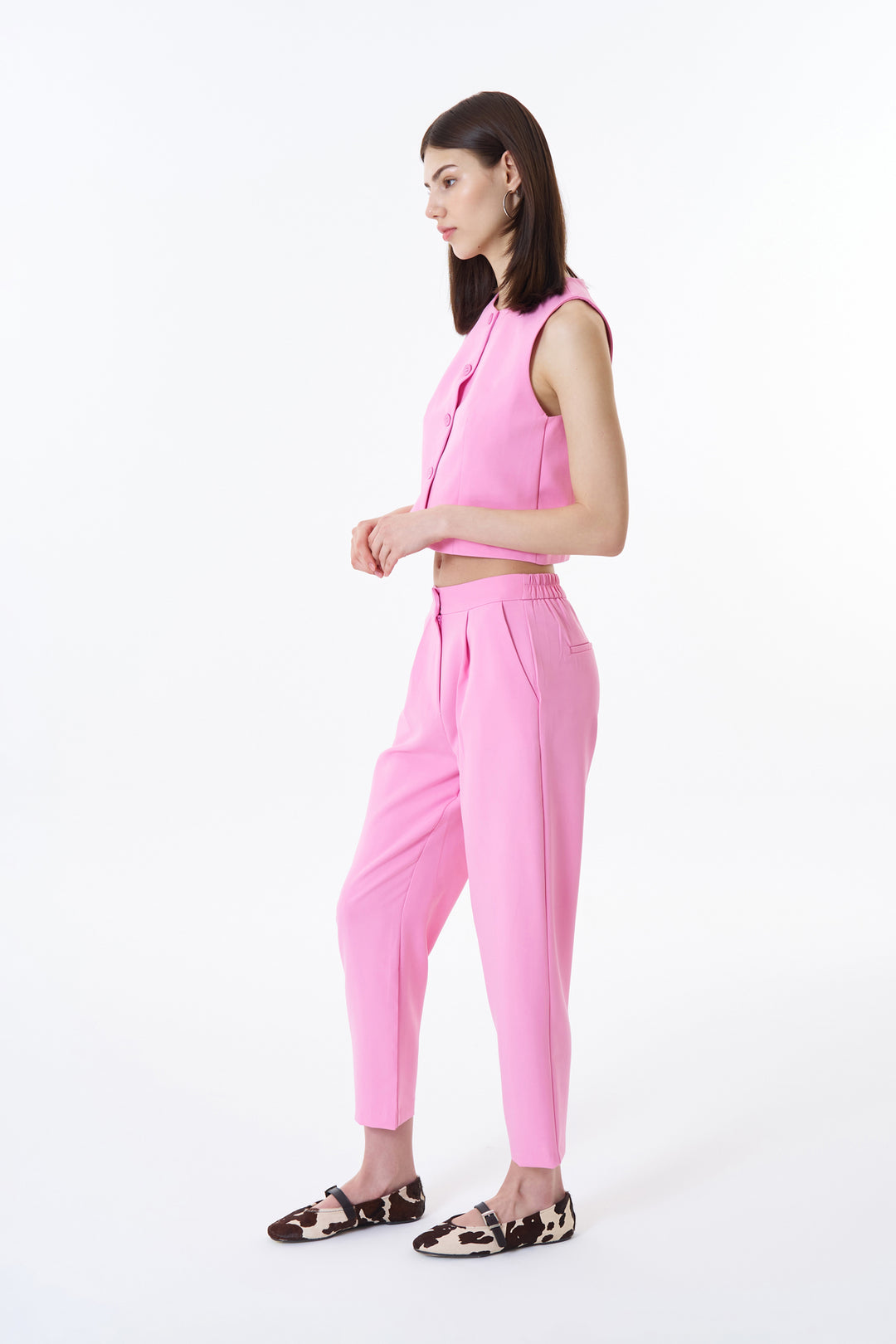 Beli Lastikli Kumaş Pantolon Pembe
