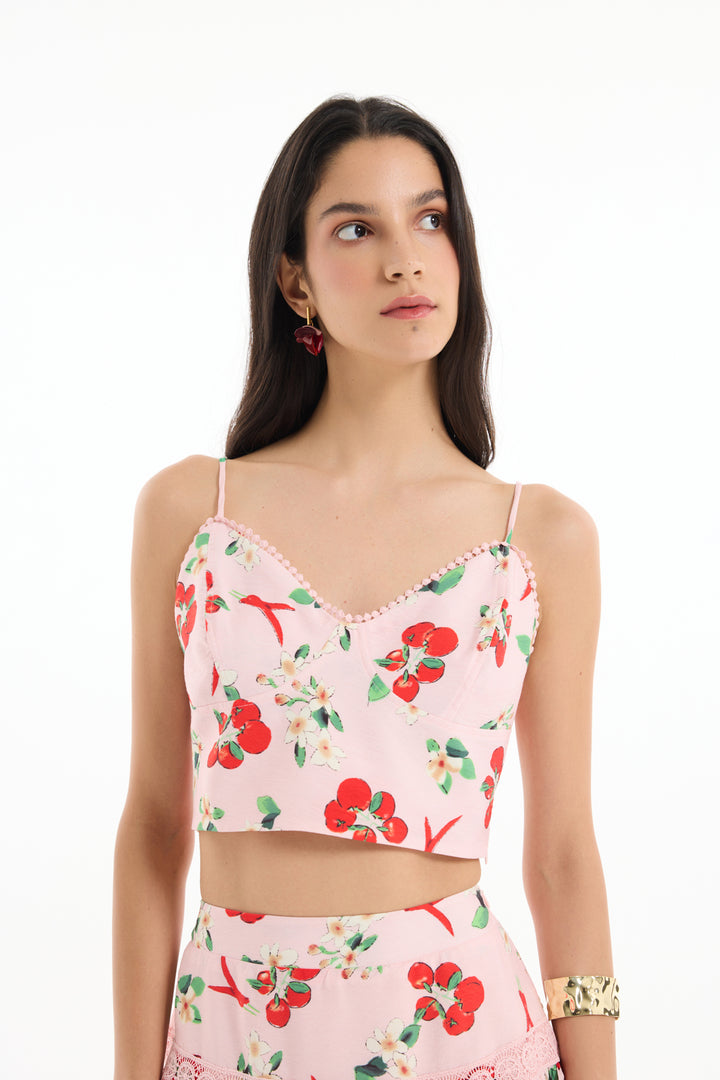 Domates Desenli Askılı Crop Bluz Pembe