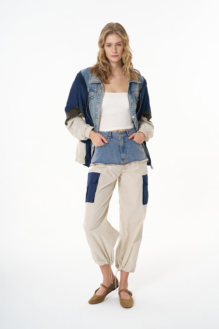 Denim Detaylı Cepli Paraşüt Pantolon Mavi