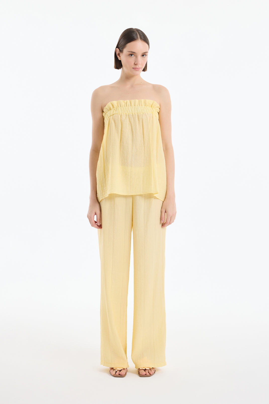 Gofre Kumaş Fırfırlı Straplez Bluz Sarı