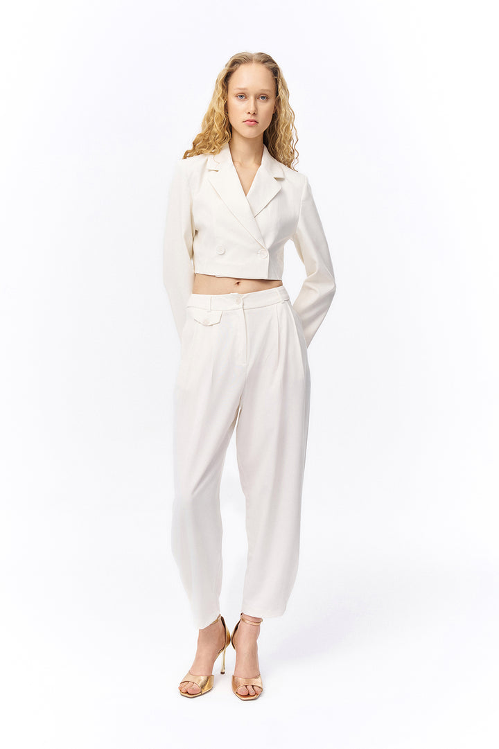 Pile Detaylı Jogger Pantolon Ekru