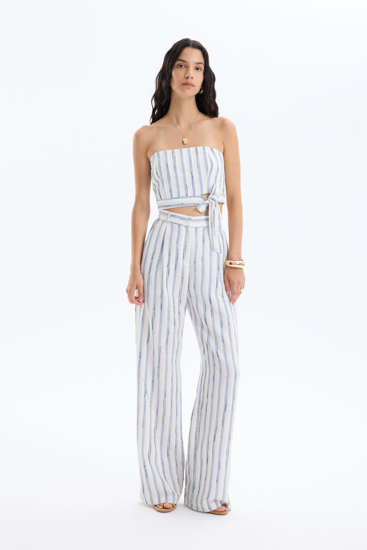 Çizgili Bağlamalı Straplez Keten Bluz Mavi