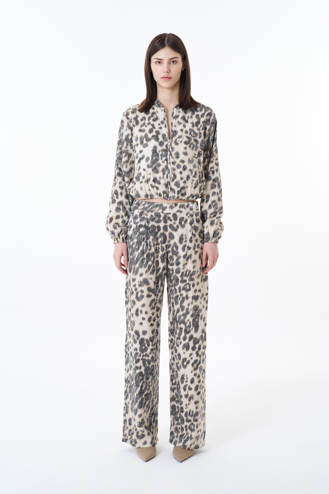 Leopar Desenli Geniş Paça Pantolon Taş