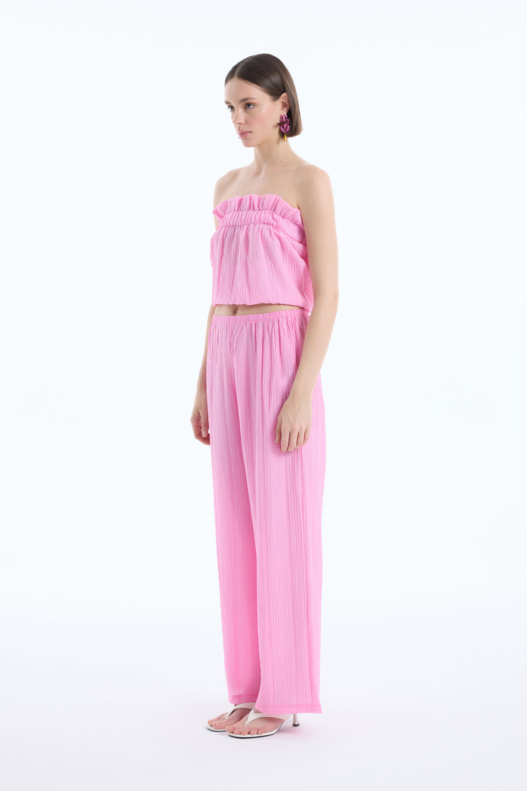 Gofre Kumaş Geniş Paça Pantolon Pembe