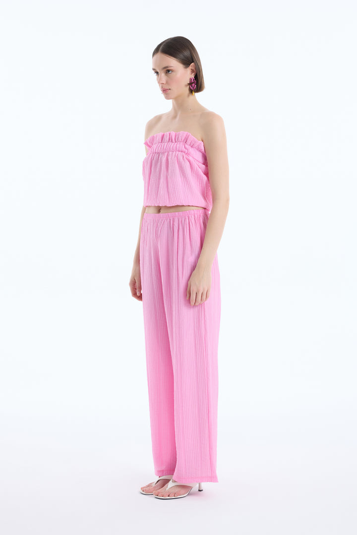 Gofre Kumaş Geniş Paça Pantolon Pembe