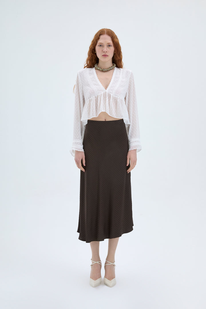 V Yaka Dantelli Tül Bluz Ekru