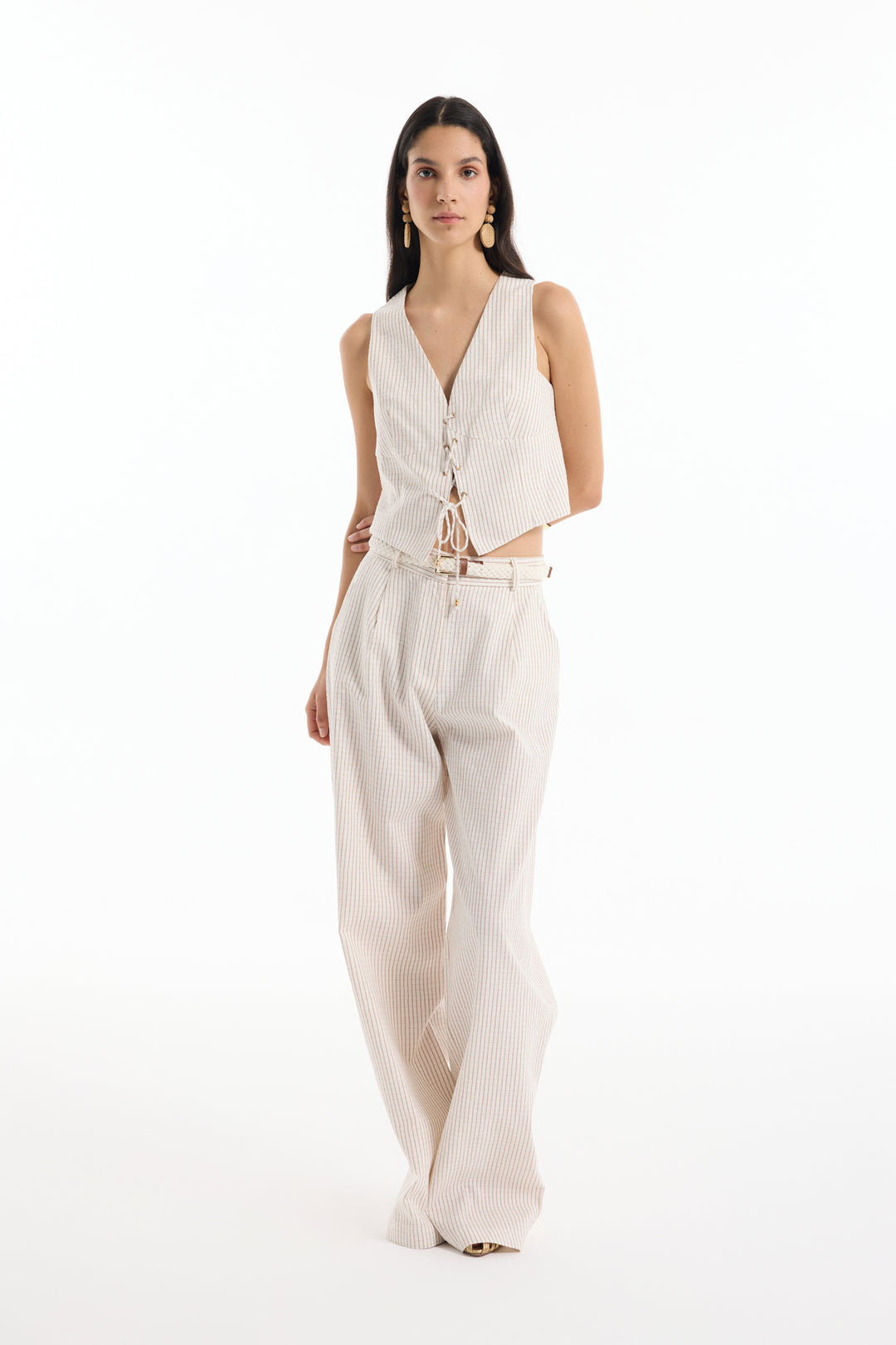 Hasır Kemerli İnce Çizgili Keten Pantolon Naturel