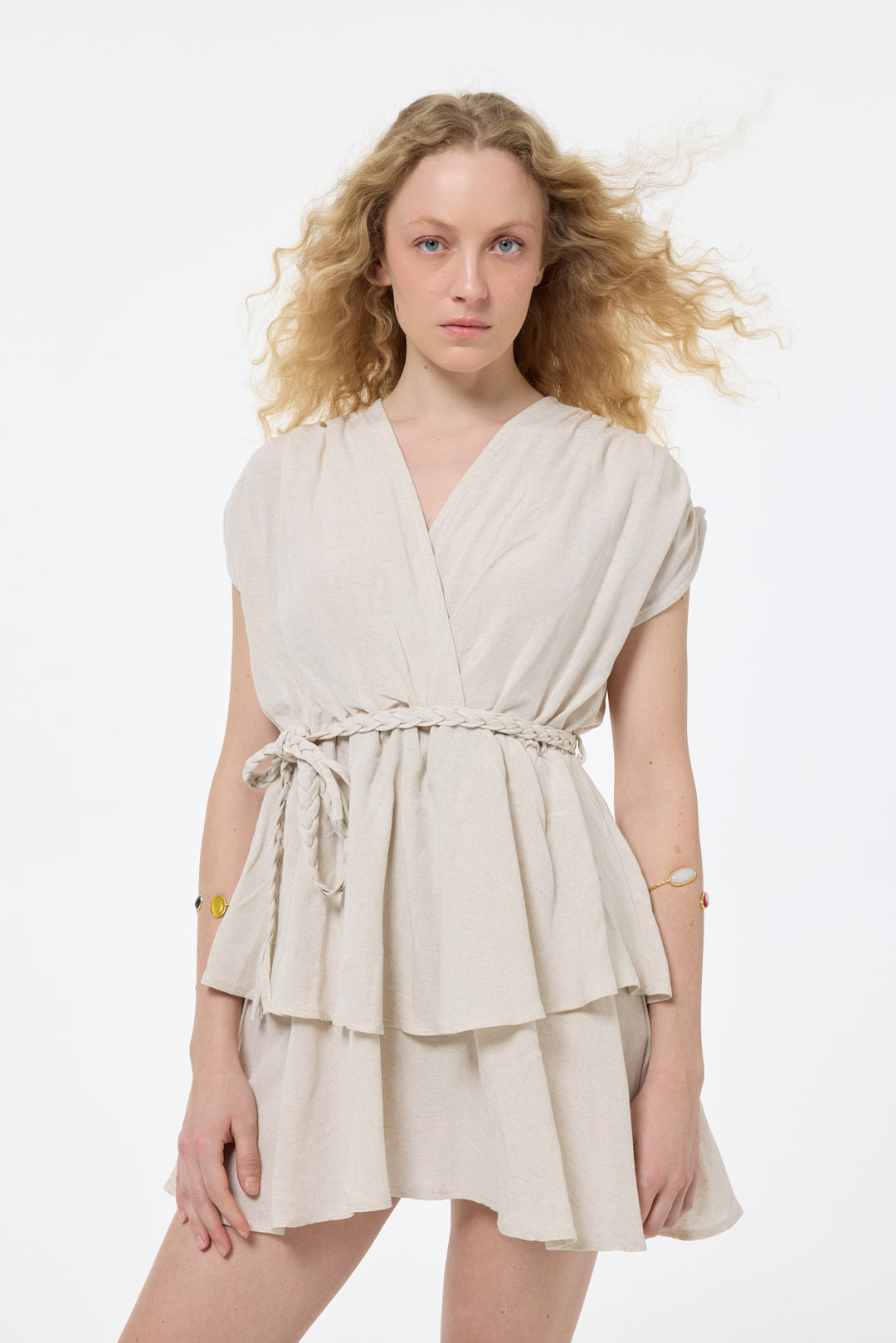 Örgü Kemerli Piliseli Keten Elbise Naturel