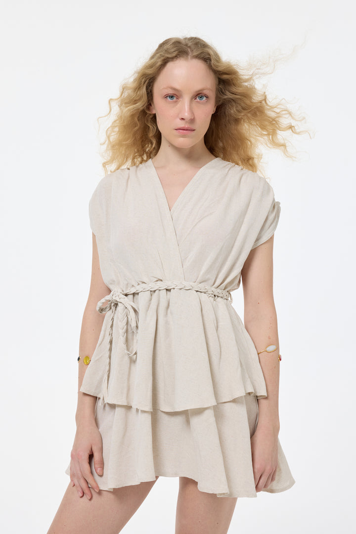 Örgü Kemerli Piliseli Keten Elbise Naturel