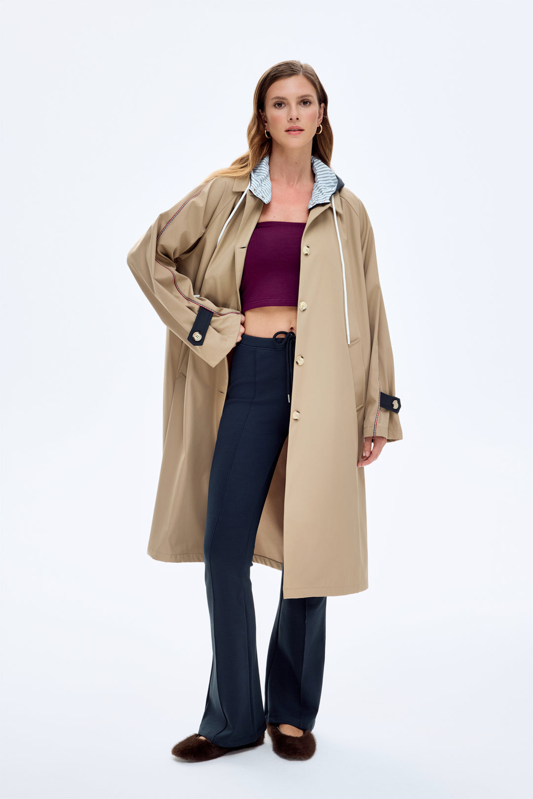 Kapüşonlu Kontrast Yaka Detaylı Oversize Trençkot Camel