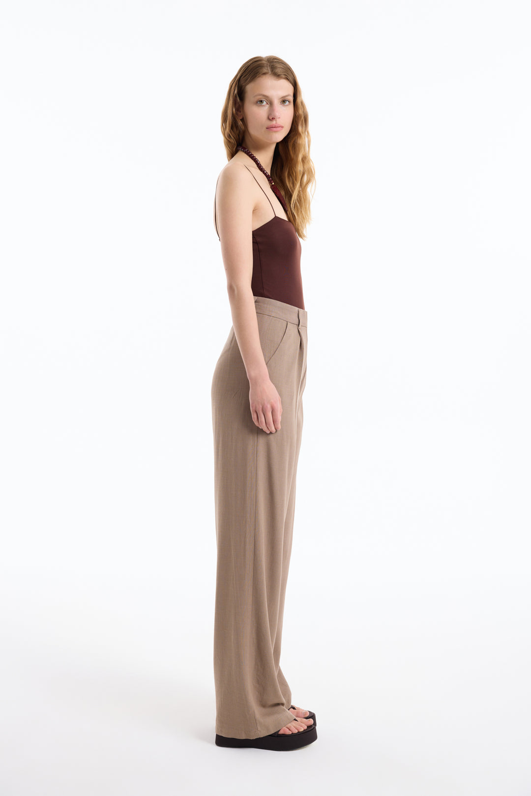 Yüksek Bel Keten Palazzo Pantolon Kahverengi