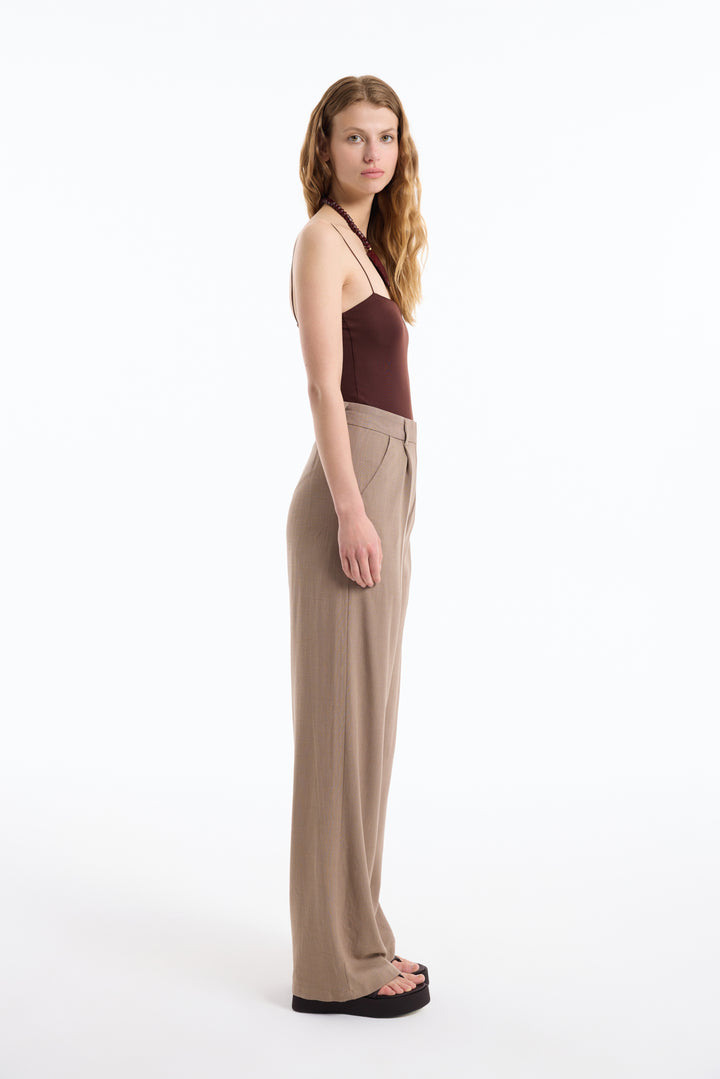 Yüksek Bel Keten Palazzo Pantolon Kahverengi