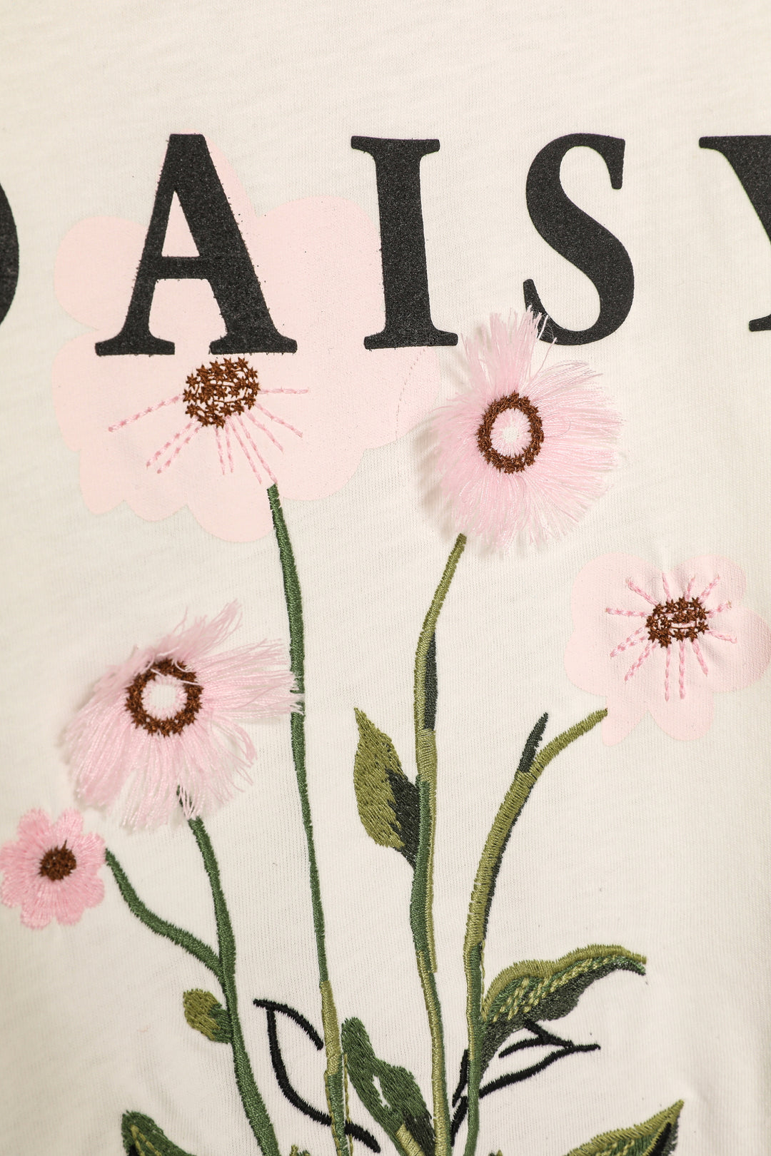 Püskül Çiçekli Yazı Baskılı Tişört Ekru