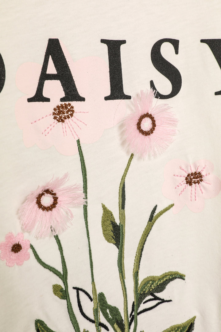 Püskül Çiçekli Yazı Baskılı Tişört Ekru