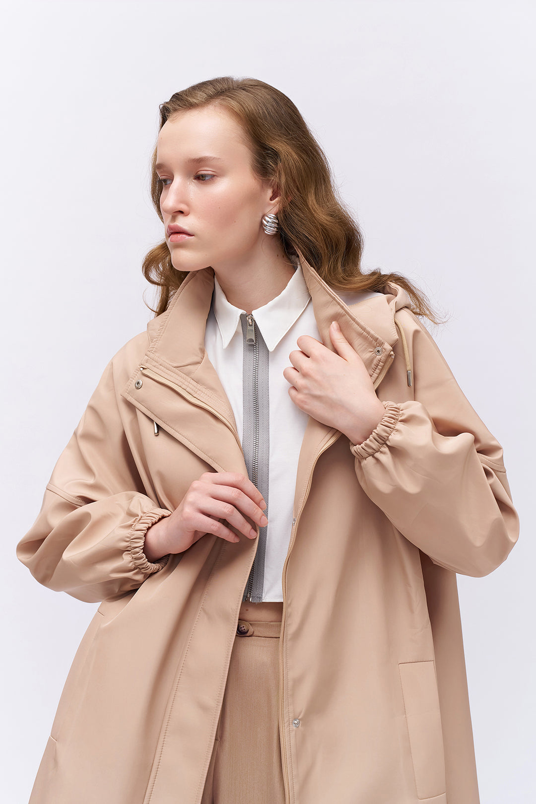 Oversize Hooded Trench Coat Beige