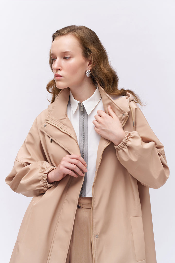 Oversize Hooded Trench Coat Beige