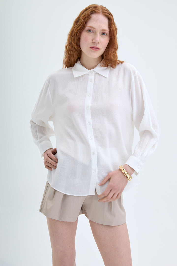 Sırtı Bağlamalı Dekolteli Gömlek Ekru