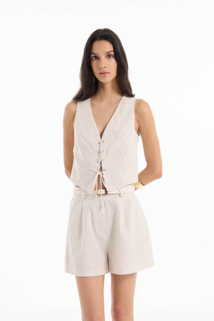 Örgü Kemerli İnce Çizgili Keten Mini Şort Naturel