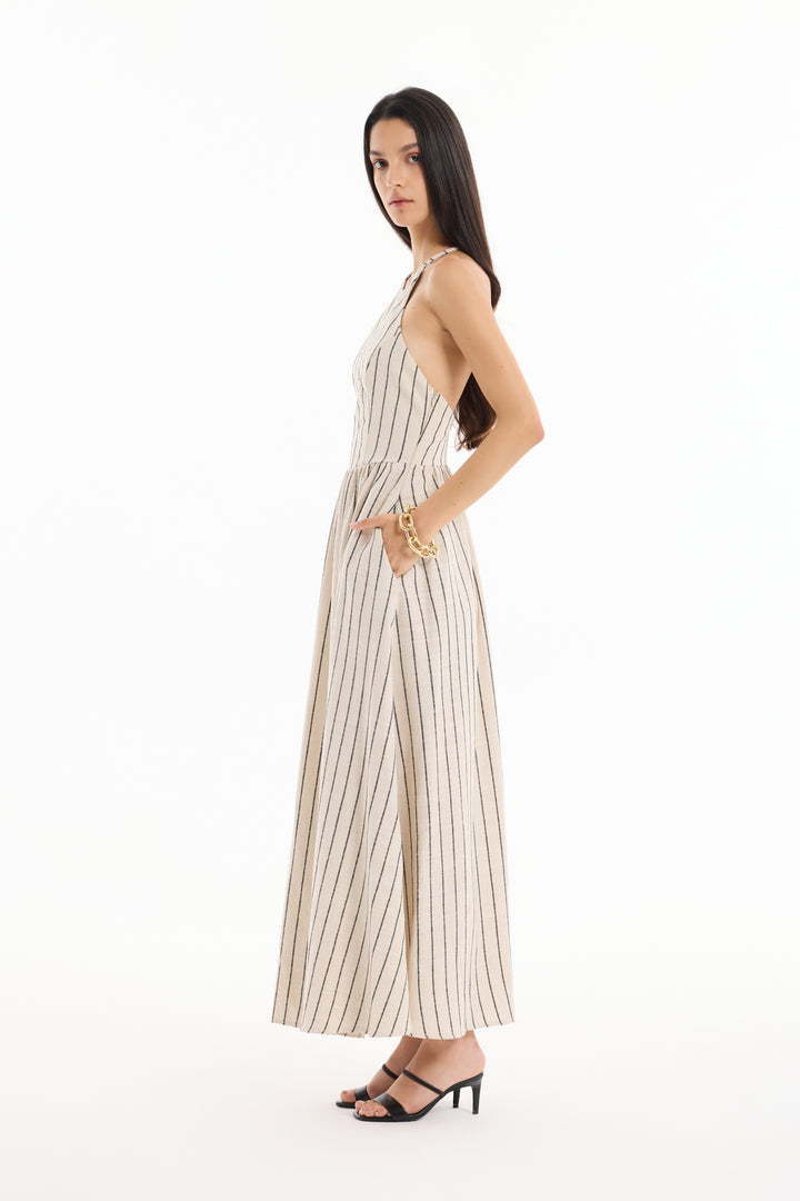 Halter Yaka Keten Sırtı Bağlamalı Çizgili Uzun Elbise Naturel