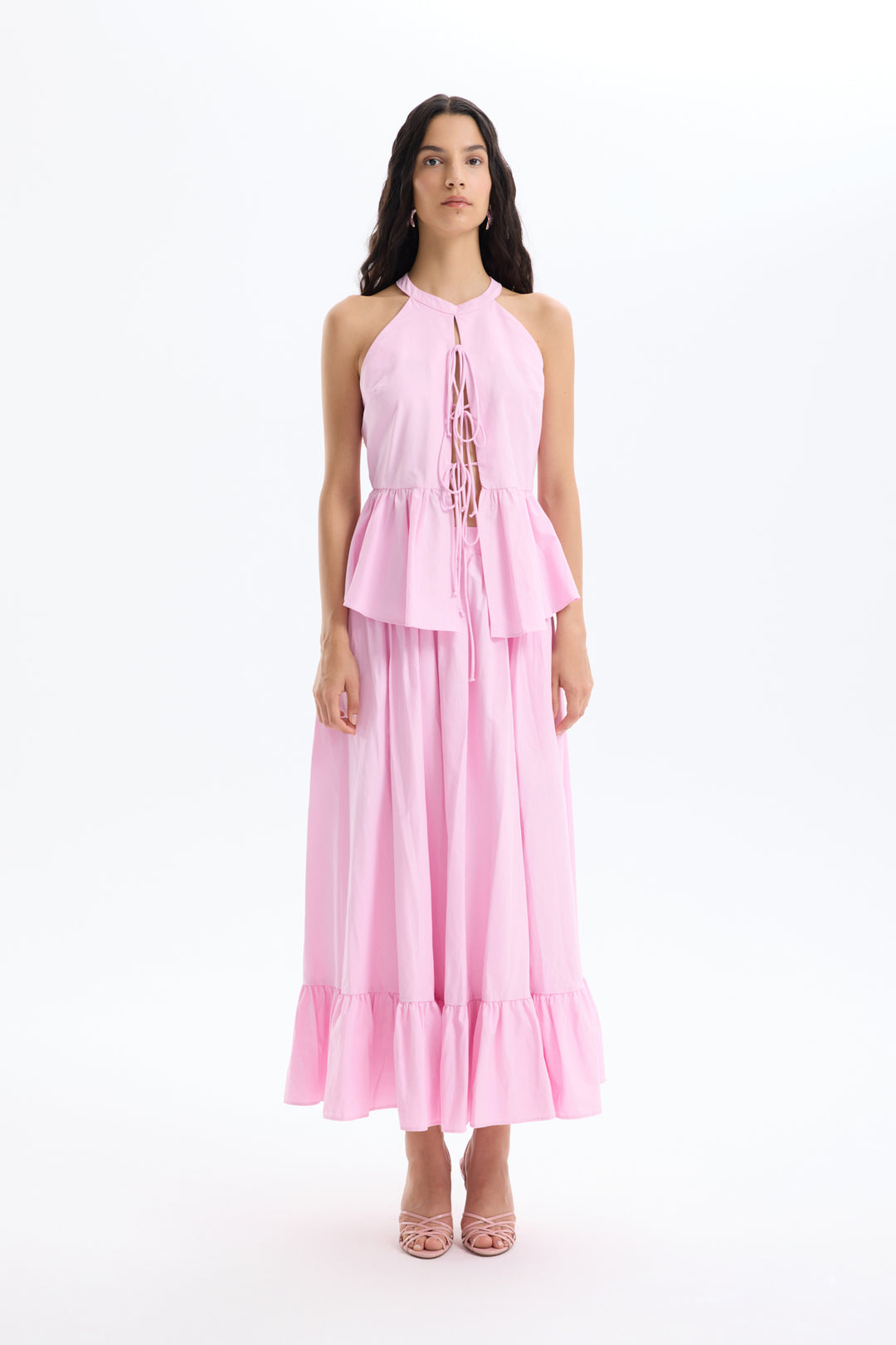 Önü Bağcıklı Halter Yaka Bluz Pembe