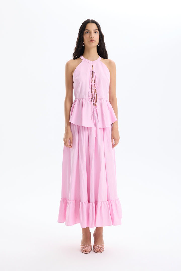 Önü Bağcıklı Halter Yaka Bluz Pembe