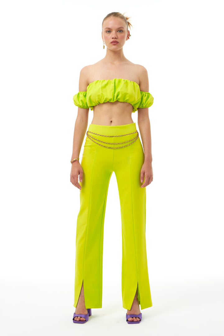 High Waist Slit Trousers Neon Green