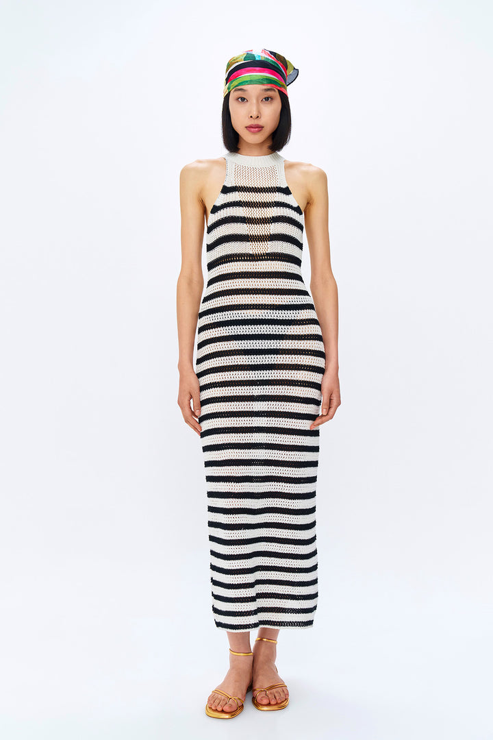 Halter Yaka Çizgili Triko Uzun Elbise Krem