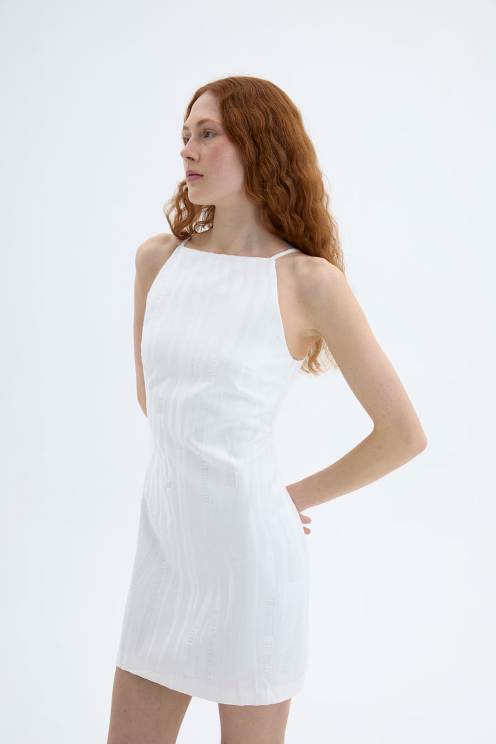 Halter Yaka Dokulu Mini Elbise Ekru