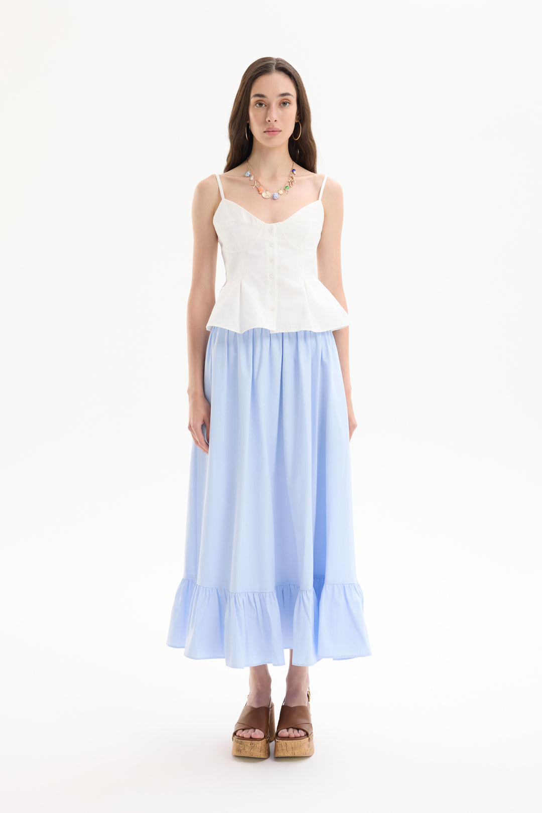 Pile Detaylı Düğmeli İnce Askılı Bluz Ekru