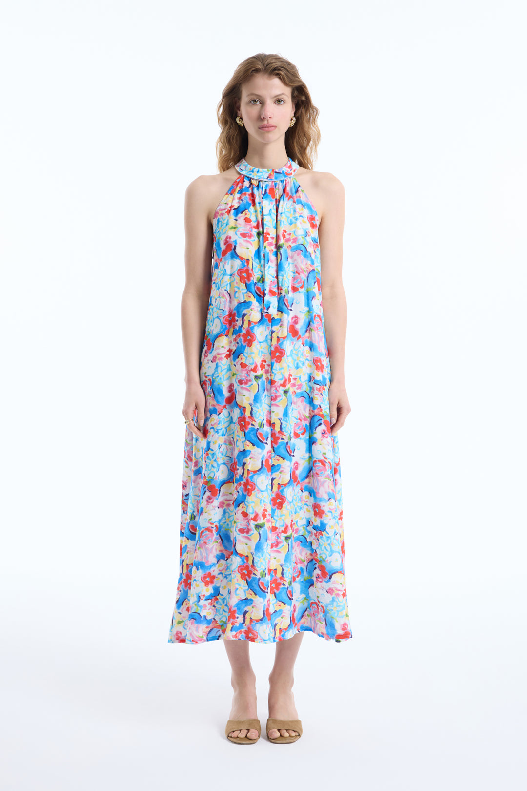 Halter Yaka Çiçek Desenli Uzun Elbise Mavi