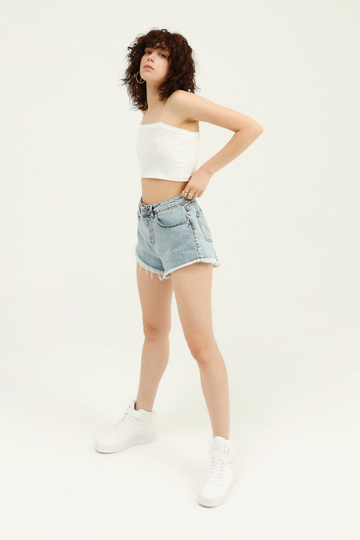Tasseled Hem Denim Shorts Ice Blue