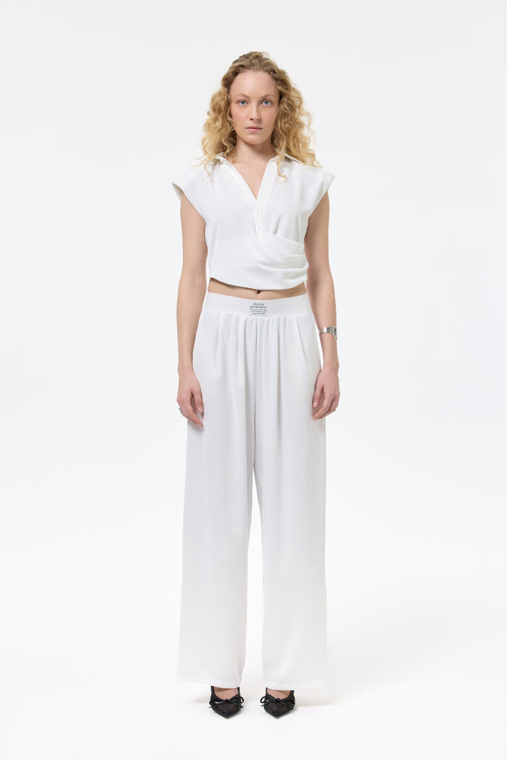 Beli Etiket Aksesuarlı Bol Paça Pantolon Ekru