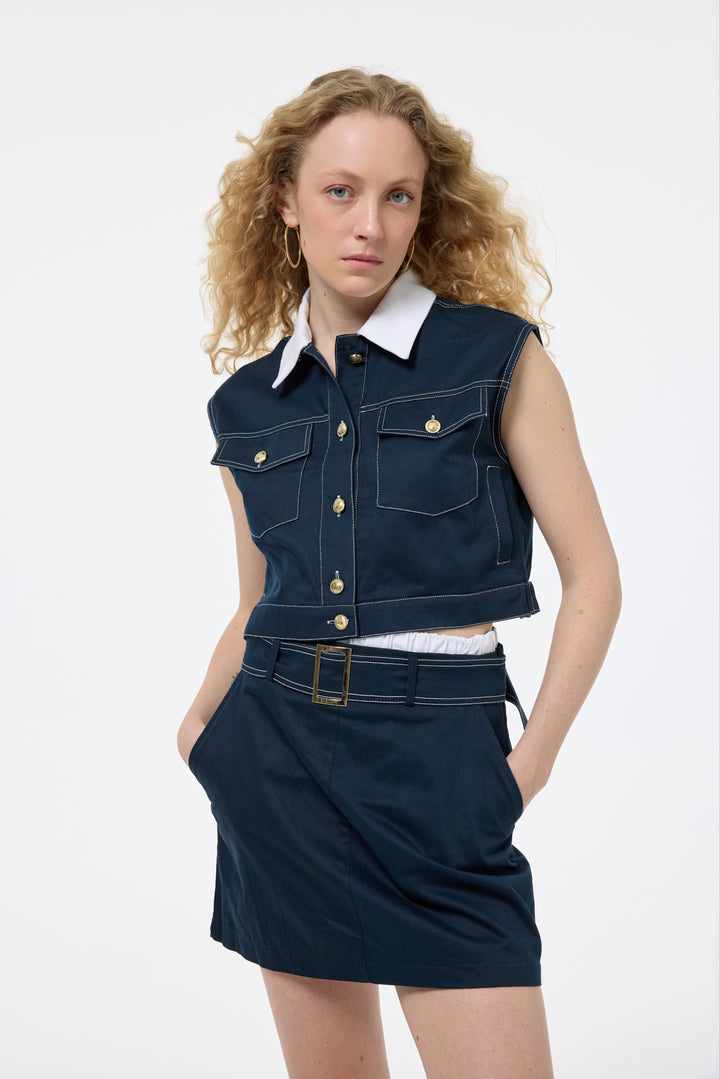 Kemer Aksesuarlı Mini Etek Lacivert