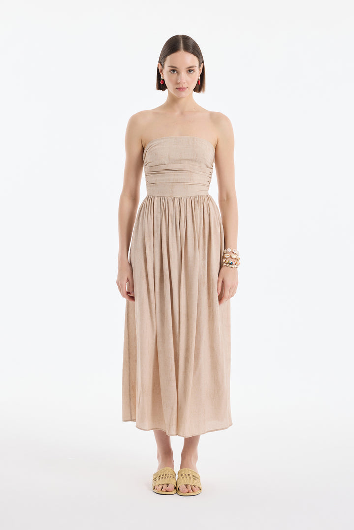 Drape Detaylı Pileli Straplez Midi Elbise Bej