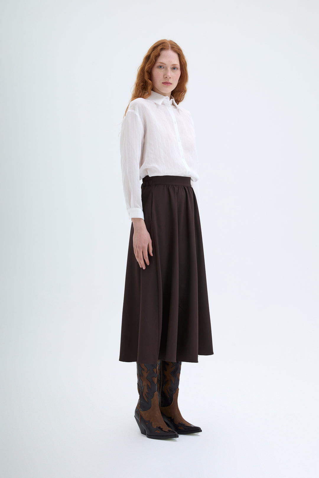 Beli Lastikli Midi Boy Basic Etek Kahverengi