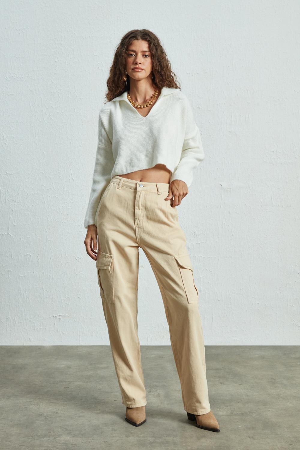 Shirt Collar Crop Sweater Ecru