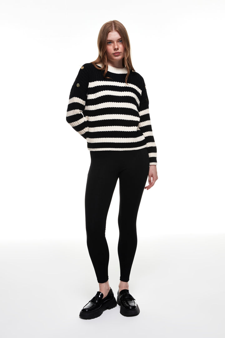 Buttoned Shoulder Striped Sweater Cream