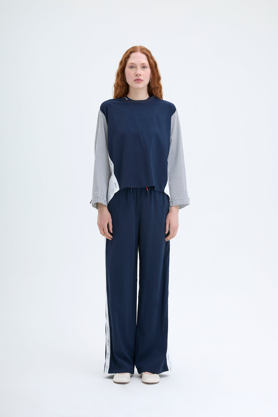 Kolları Çizgili Garnili Sweatshirt Lacivert